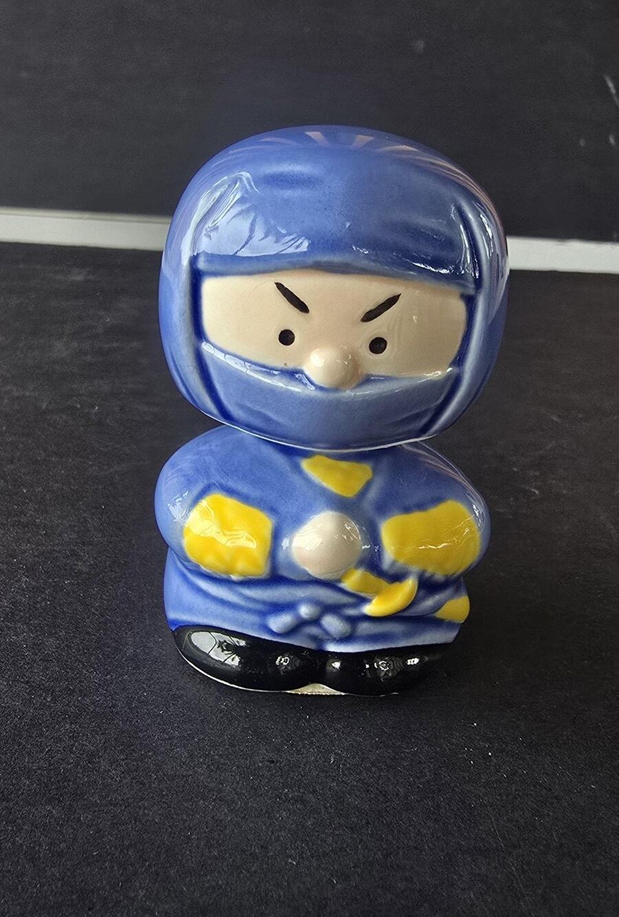 FAYM Blue Ceramic Ninja Bobblehead Figurine Yellow Accents Small Decor